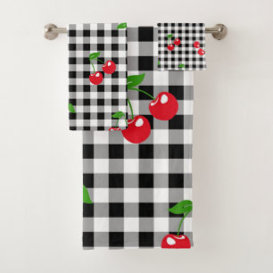 Black and White Red Cherry Gingham Pattern Bath Towel Set