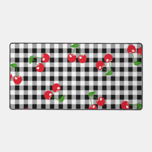 Black and White Red Cherry Gingham Pattern Desk Mat