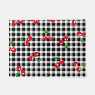 Black and White Red Cherry Gingham Pattern Doormat