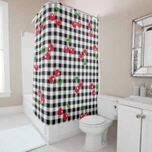 Black and White Red Cherry Gingham Pattern Shower Curtain