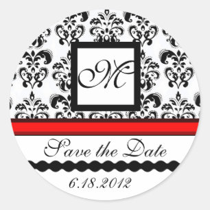 BLACK AND WHITE RED  DAMASK MONOGRAM,Save The Date Classic Round Sticker