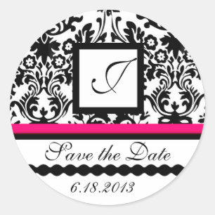 BLACK AND WHITE RED  DAMASK MONOGRAM,Save The Date Classic Round Sticker