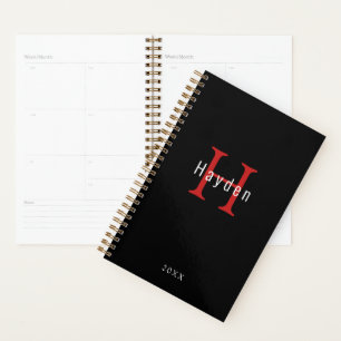 Black and White Red Monogram Add Your Name + Year Planner
