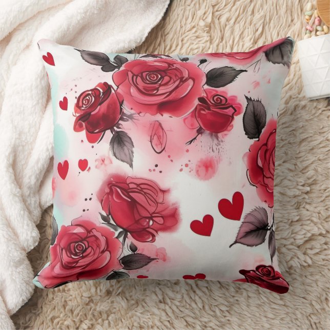Black and White, Red Roses Hearts Romantic Floral Cushion (Blanket)