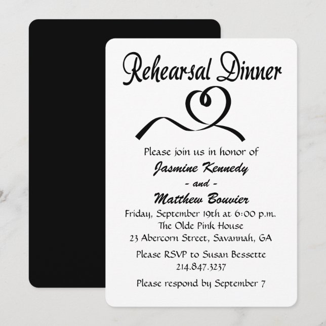 Black And White Rehearsal Dinner Wedding Hearts Invitation (Front/Back)