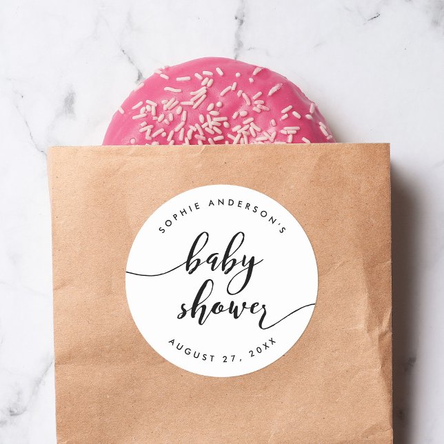 Black and White Relax Script Baby Shower Classic Round Sticker (Creator Uploaded)
