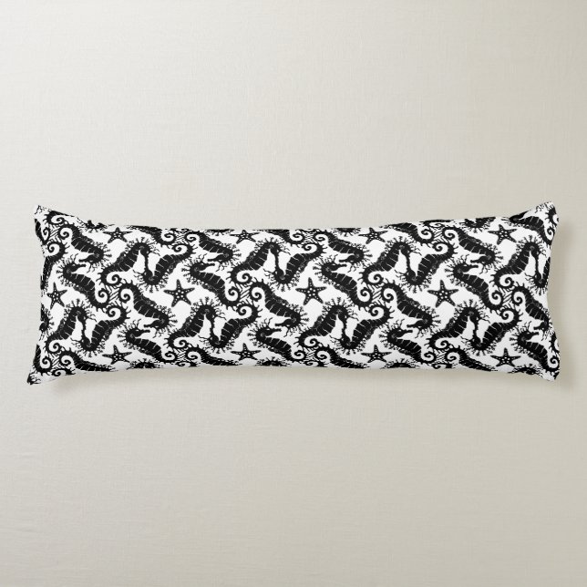 Black And White Repeating Motif | Seahorse Pattern Body Cushion (Front)