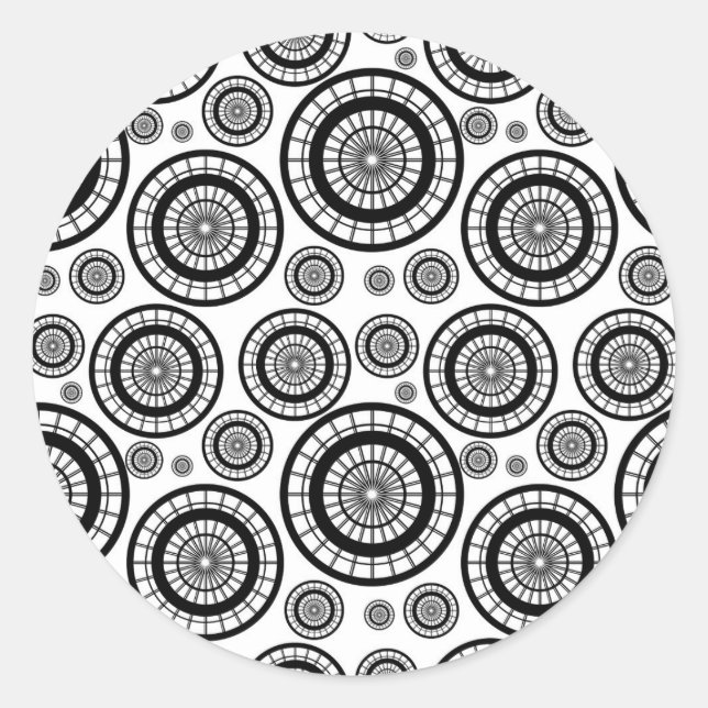 Black and White Repeating Wheel Pattern Classic Round Sticker (Front)