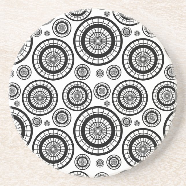 Black and White Repeating Wheel Pattern Coaster (Front)