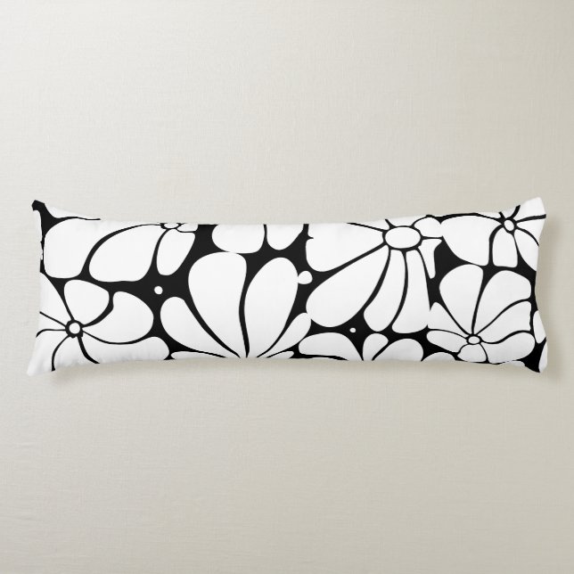 Black And White Retro 70s Flower Graphic Design Body Cushion (Front)