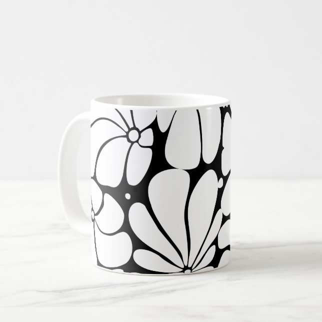 Black And White Retro 70s Flower Graphic Design Coffee Mug (Front Left)