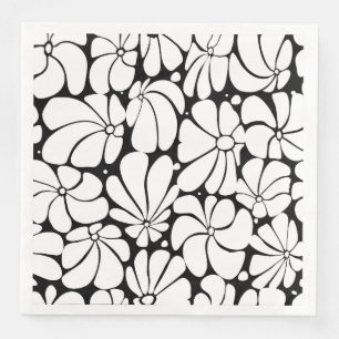 Black And White Retro 70s Flower Graphic Design Napkin