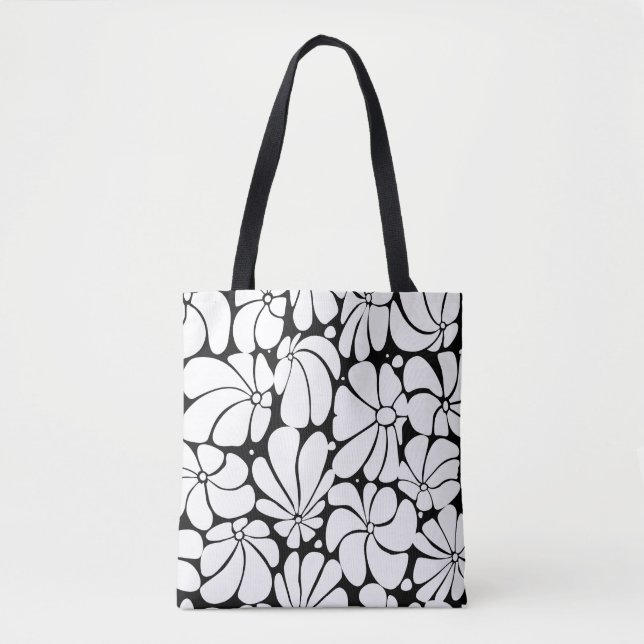 Black And White Retro 70s Flower Graphic Design Tote Bag (Front)