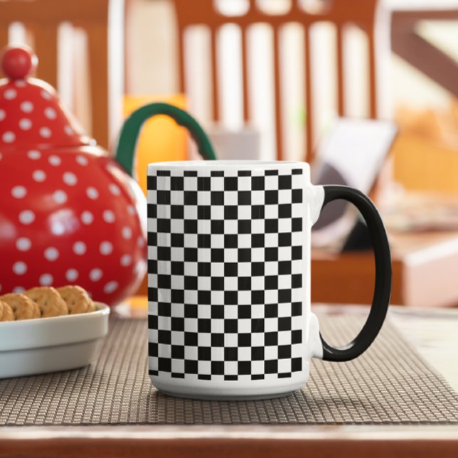 black and white - retro chequerboard Two-Tone coffee mug (Creator Uploaded)