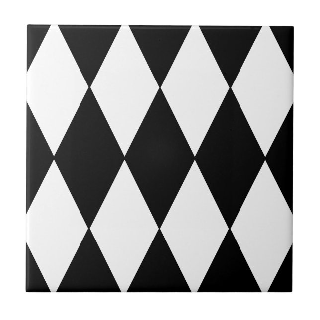 Black and White Retro Chequered Diamond Pattern Tile (Front)