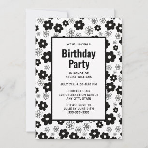 Black and White Retro Floral Birthday Invitation