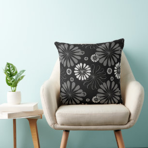 Black and White Retro Floral Cushion