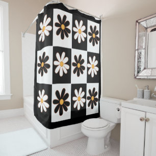 Black And White Retro Floral Daisy Flower Shower Curtain