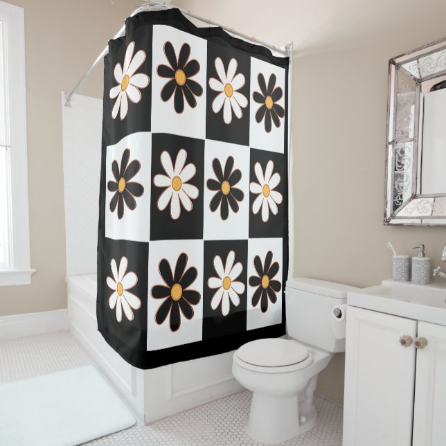 Black And White Retro Floral Daisy Flower Shower Curtain (In Situ)