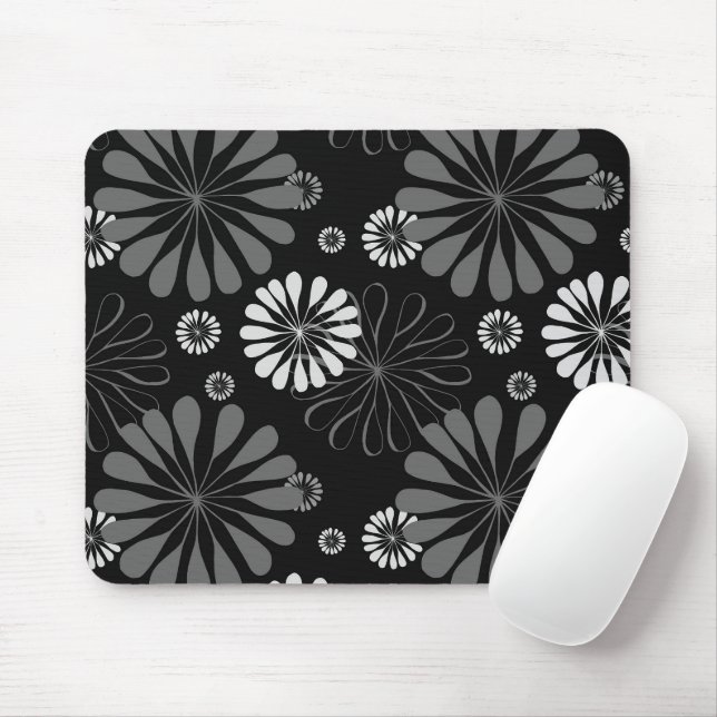 Black and White Retro Floral Mouse Mat (With Mouse)