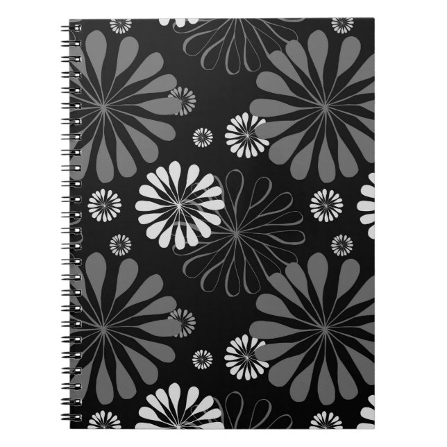 Black and White Retro Floral Notebook (Front)