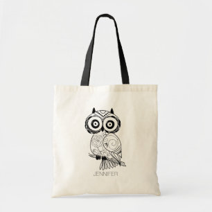 Black And White Retro Floral Owl Tote Bag