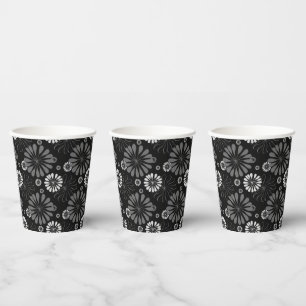 Black and White Retro Floral Paper Cups