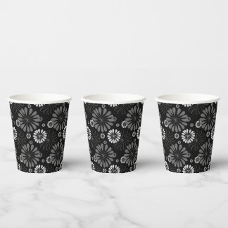 Black and White Retro Floral Paper Cups