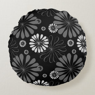 Black and White Retro Floral Round Cushion