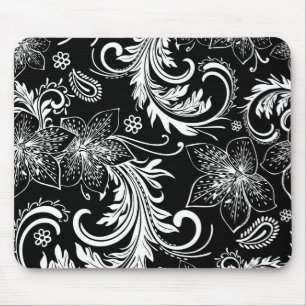 Black And White Retro Flowers & Swirls Design Mouse Mat