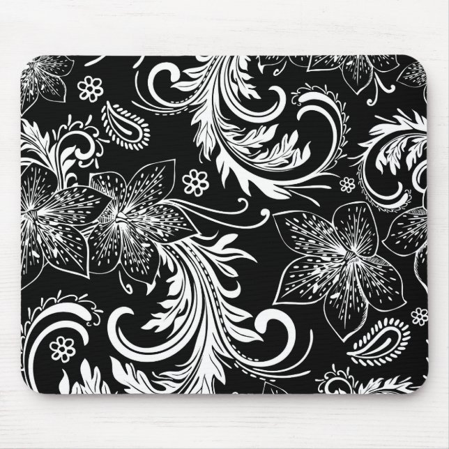 Black And White Retro Flowers & Swirls Design Mouse Mat (Front)