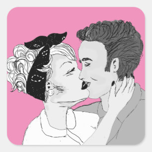 Black and White Retro Kissing Couple Square Sticker