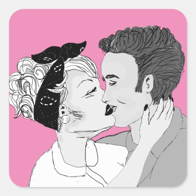 Black and White Retro Kissing Couple Square Sticker (Front)