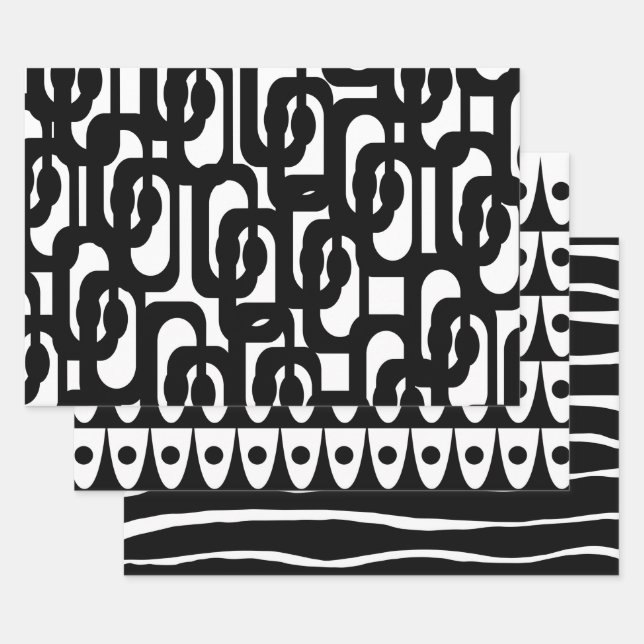 Black and White Retro Mod Patterns Wrapping Paper Sheet (Set)