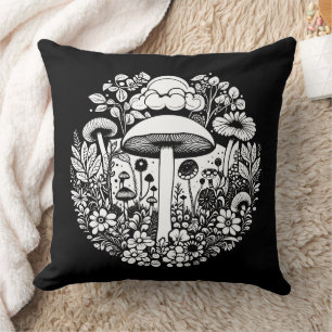 Black and White Retro Mushrooms and Flowers Cushion