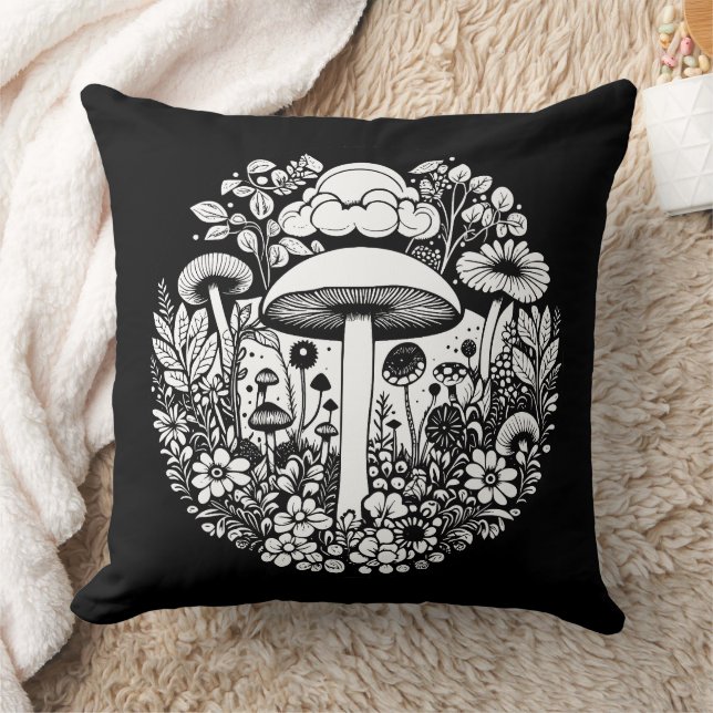 Black and White Retro Mushrooms and Flowers Cushion (Blanket)