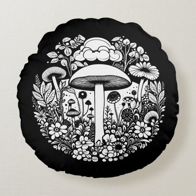 Black and White Retro Mushrooms and Flowers Round Cushion (Front)