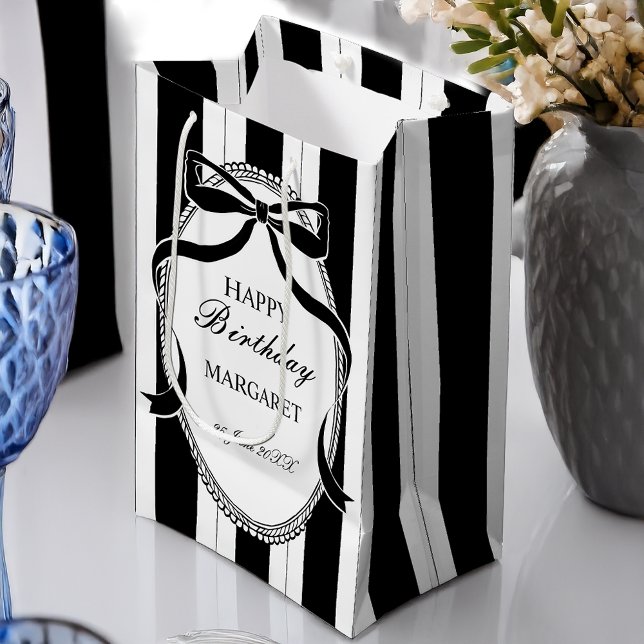 Black and white retro stripes bow birthday custom medium gift bag (Black and white retro stripes coquette bow birthday party personalized gift bag)