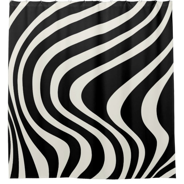 Black and white retro style waves shower curtain (Front)