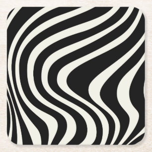 Black and white retro style waves square paper coaster