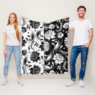 Black and white reversed floral damask pattern fleece blanket