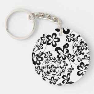 Black and White Rings and Flowers Key Ring