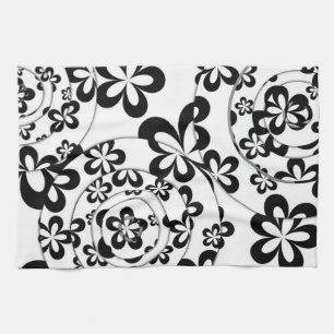 Black and White Rings and Flowers Tea Towel