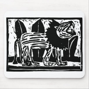 Black and White Roaring Lion Lino Cut Mouse Mat