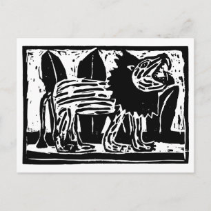 Black and White Roaring Lion Lino Cut Postcard
