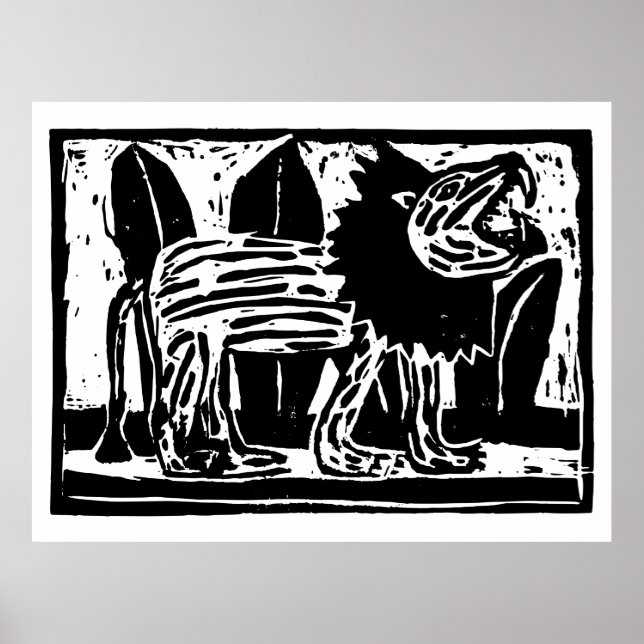 Black and White Roaring Lion Lino Cut Poster (Front)