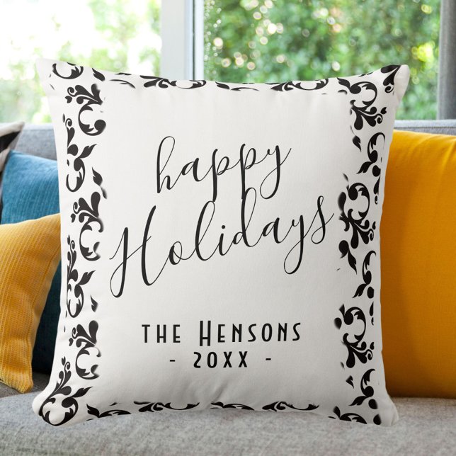 Black and White Rococo Happy Holidays Script  Cushion (Creator Uploaded)