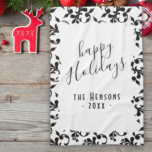 Black and White Rococo Happy Holidays Script Tea Towel (Creator Uploaded)
