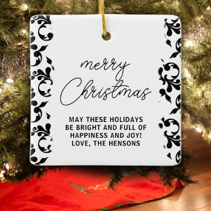 Black and White Rococo Merry Christmas Script Ceramic Ornament