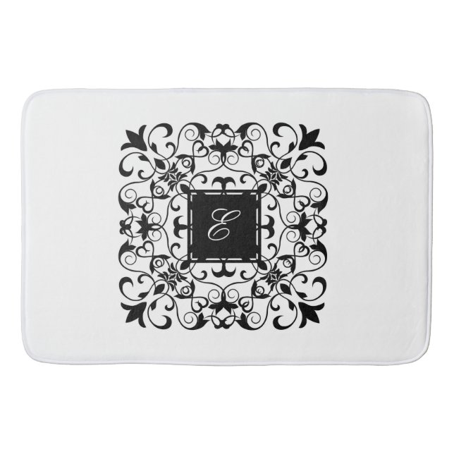Black and White Romantic Ornate Monogram Bath Mat (Front)